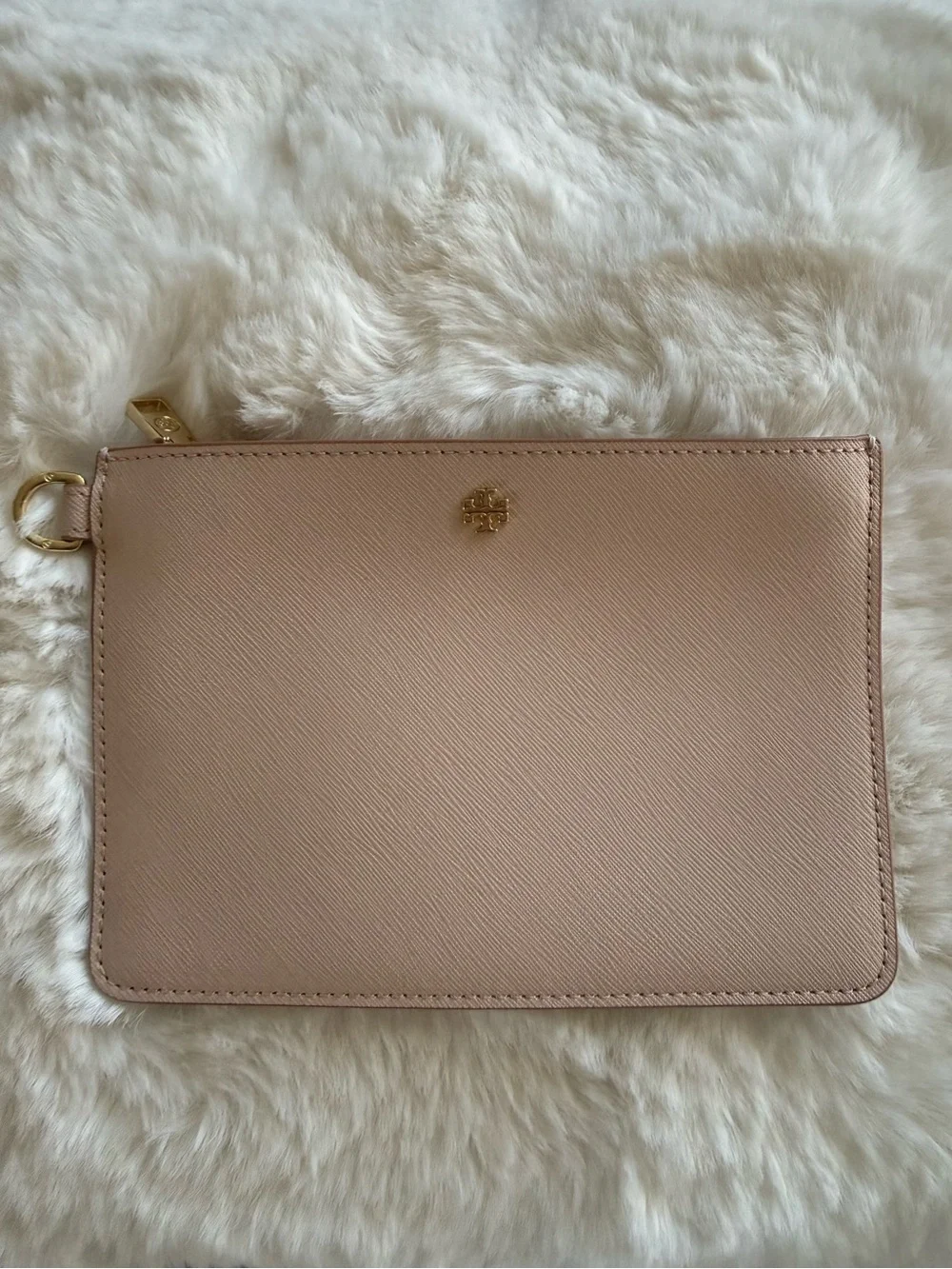 Tory Burch Nude Blush Saffiano Leather Zip Pouch